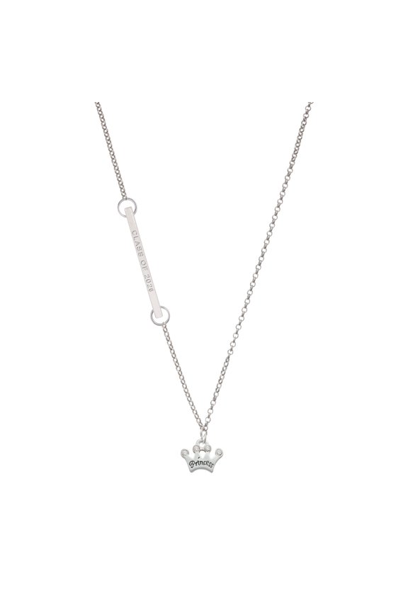 Silver-tone Small ''Princess'' Crown with Clear Crystals - Silvertone Class of 2026 Delicate Bar Necklace, 18.75"