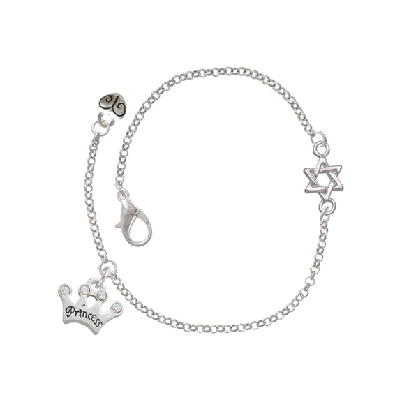 Delight Jewelry Silver-tone Small ''Princess'' Crown with Clear Crystals - Silvertone Star of David Delicate Bracelet, 6.25+1.75" Extender