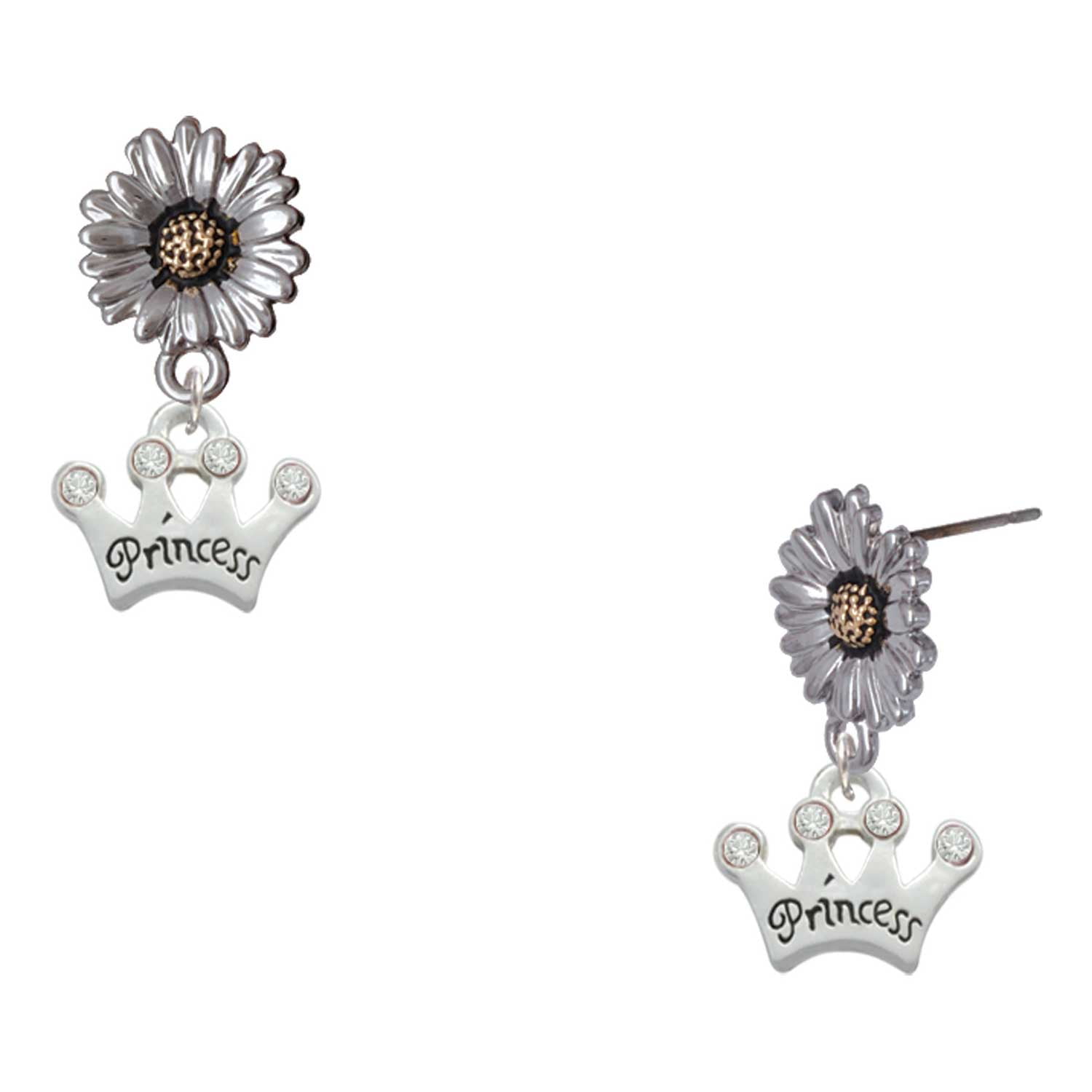 Delight Jewelry Silver-tone Small ''Princess'' Crown with Clear Crystals - Two-tone Daisy Flower Post Earrings