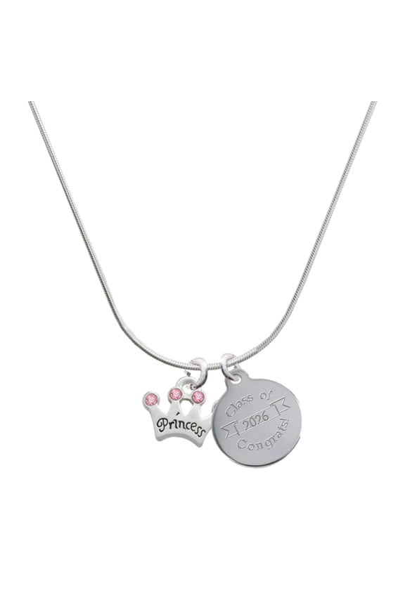 Silver-tone Small ''Princess'' Crown with Pink Crystals - Engraved Congrats Class of 2026 Charm Necklace, 18"