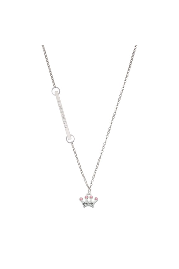 Silver-tone Small ''Princess'' Crown with Pink Crystals - Silvertone Class of 2026 Delicate Bar Necklace, 18.75"