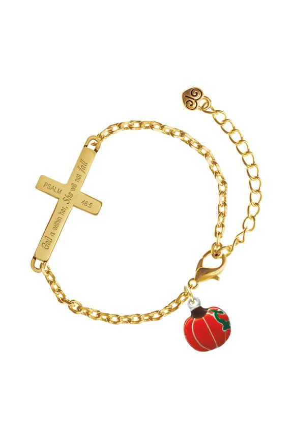 Silver-tone Small Pumpkin With Lines - Gold Tone Psalm 46:5 She will not fall Engraved Cross Charm Bracelet, 6.5+1.5" Extender