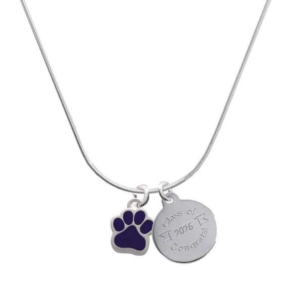 Delight Jewelry Silver-tone Small Purple Paw - Engraved Congrats Class of 2026 Charm Necklace, 18"