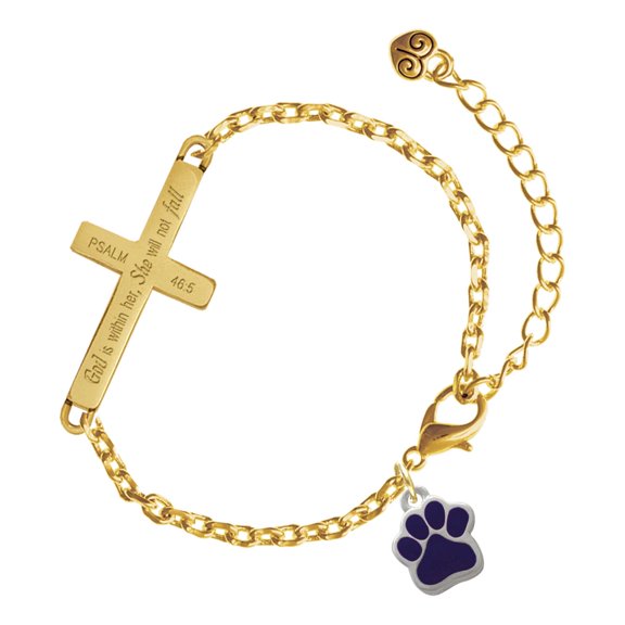 Delight Jewelry Silver-tone Small Purple Paw - Gold Tone Psalm 46:5 She will not fall Engraved Cross Charm Bracelet, 6.5+1.5" Extender