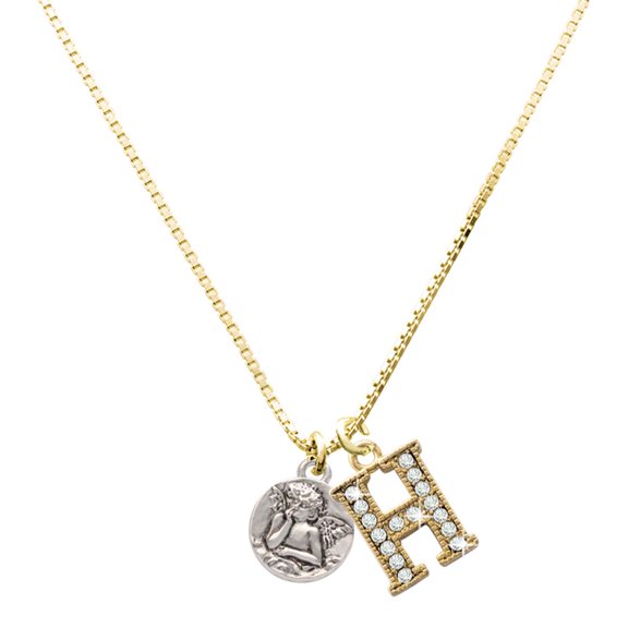 Delight Jewelry Silver-tone Small Raphael Angel on Disc - Large Goldtone Crystal Initial - H - Charm Necklace, 17.5"+2"