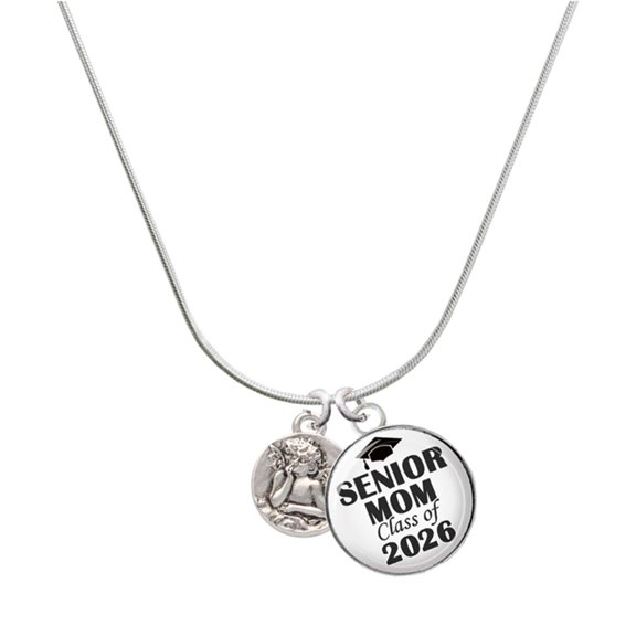 Delight Jewelry Silver-tone Small Raphael Angel on Disc - Silvertone Senior Mom Class of 2026 Dome Necklace, 18"