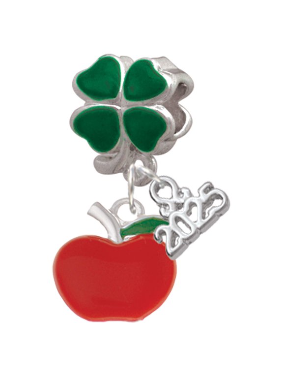 Silver-tone Small Red Apple - Good Luck Green Four Leaf Clover Charm Bead Dangle with Mini 2025