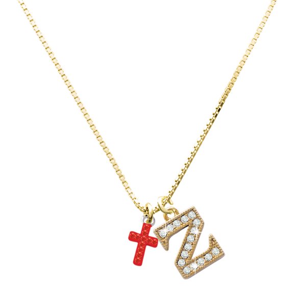 Delight Jewelry Silver-tone Small Red Crystal Cross - Large Goldtone Crystal Initial - Z - Charm Necklace, 17.5"+2"