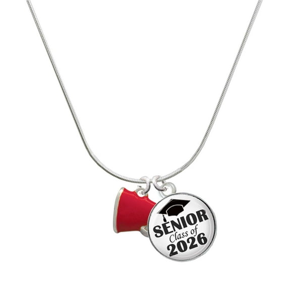 Delight Jewelry Silver-tone Small Red Megaphone - Silvertone Senior Class of 2026 Dome Necklace, 18"