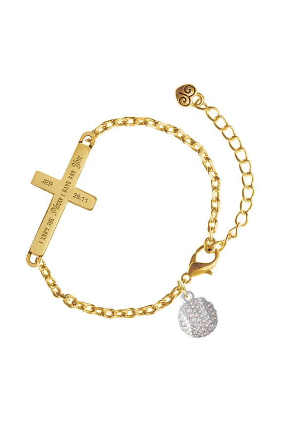 Silver-tone Small Sparkle Clear AB Softball - Gold Tone Jeremiah 29:11 I Have Plans for You Engraved Cross Charm Bracelet, 6.5+1.5" Extender