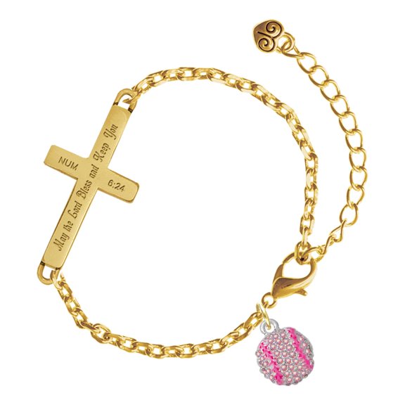 Delight Jewelry Silver-tone Small Sparkle Pink AB Softball - Gold Tone Numbers 6:24 May the Lord Bless You Engraved Cross Charm Bracelet, 6.5+1.5" Extender
