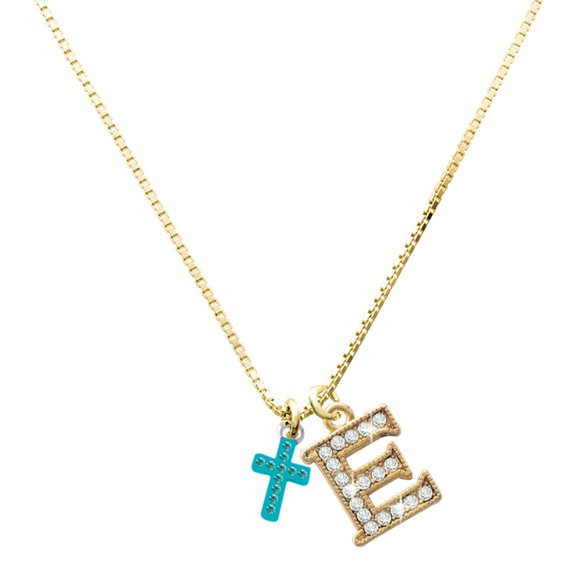 Delight Jewelry Silver-tone Small Teal Crystal Cross - Large Goldtone Crystal Initial - E - Charm Necklace, 17.5"+2"