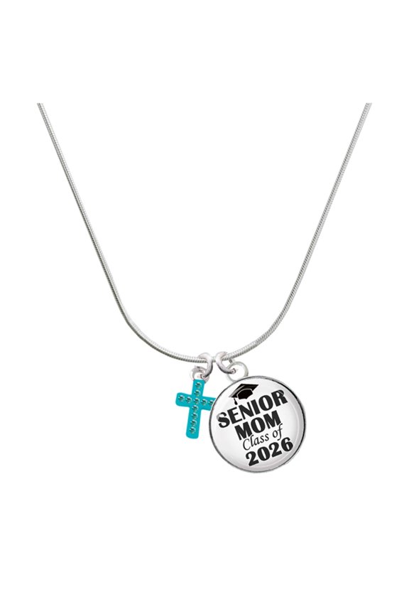 Silver-tone Small Teal Crystal Cross - Silvertone Senior Mom Class of 2026 Dome Necklace, 18"