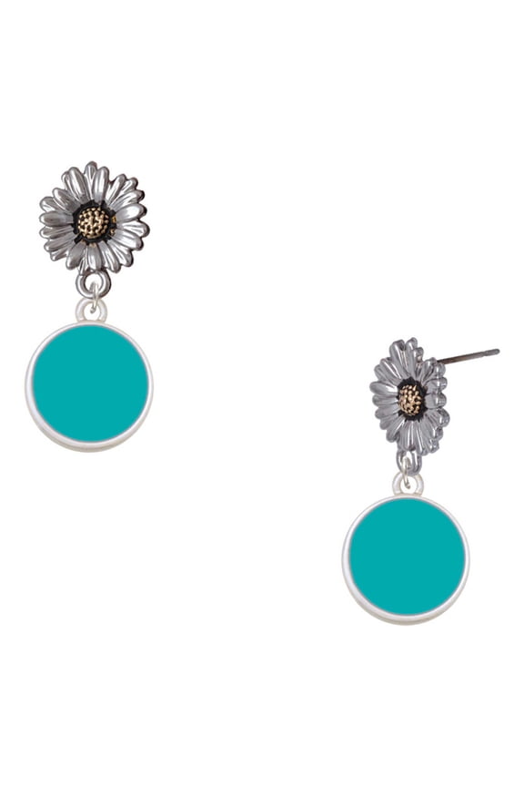 Silver-tone Small Teal Enamel Disc - Two-tone Daisy Flower Post Earrings