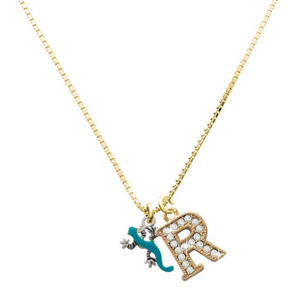 Delight Jewelry Silver-tone Small Teal Lizard - Large Goldtone Crystal Initial - R - Charm Necklace, 17.5"+2"