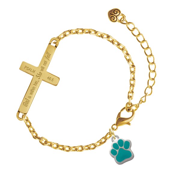 Delight Jewelry Silver-tone Small Teal Paw - Gold Tone Psalm 46:5 She will not fall Engraved Cross Charm Bracelet, 6.5+1.5" Extender