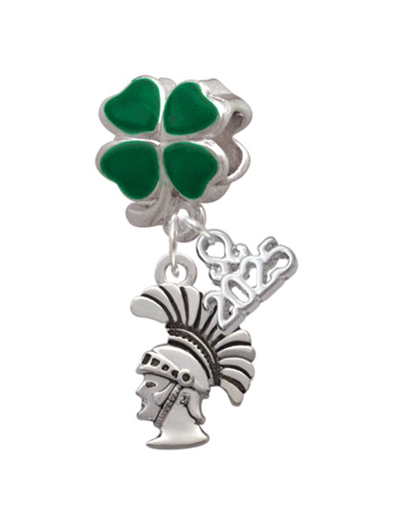 Silver-tone Small Trojan - Mascot - Good Luck Green Four Leaf Clover Charm Bead Dangle with Mini 2025
