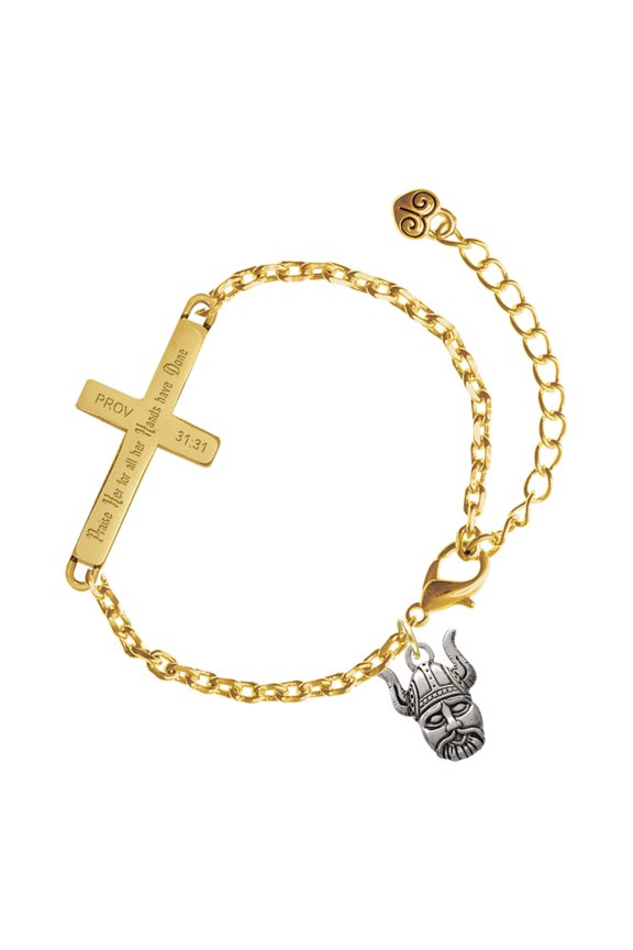 Silver-tone Small Viking - Mascot - Gold Tone Proverbs 31:31 Praise Her for all Her Hands have Done Engraved Cross Charm Bracelet, 6.5+1.5" Extender