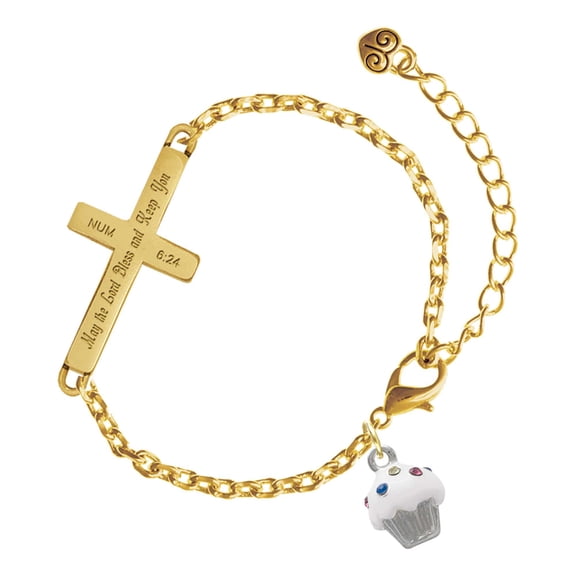 Delight Jewelry Silver-tone Small White Cupcake with Crystal Sprinkles - Gold Tone Numbers 6:24 May the Lord Bless You Engraved Cross Charm Bracelet, 6.5+1.5" Extender