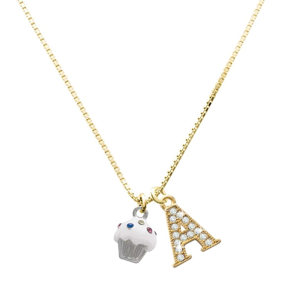Delight Jewelry Silver-tone Small White Cupcake with Crystal Sprinkles - Large Goldtone Crystal Initial - A - Charm Necklace, 17.5"+2"