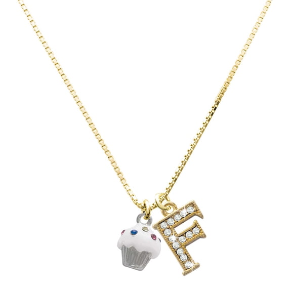 Delight Jewelry Silver-tone Small White Cupcake with Crystal Sprinkles - Large Goldtone Crystal Initial - F - Charm Necklace, 17.5"+2"