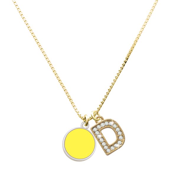 Delight Jewelry Silver-tone Small Yellow Enamel Disc with a Large Goldtone Crystal Initial - D - Charm Necklace, 17.5"+2"
