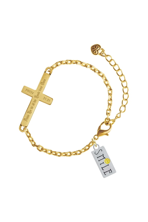 Silver-tone Smile with Smiley Face Rectangle - Gold Tone Proverbs 31:31 Praise Her for all Her Hands have Done Engraved Cross Charm Bracelet, 6.5+1.5" Extender
