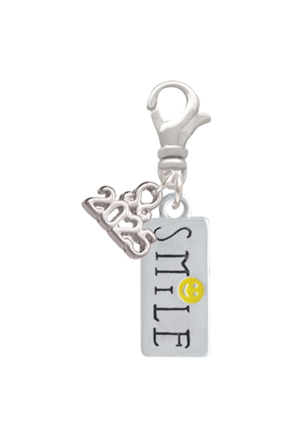 Silver-tone Smile with Smiley Face Rectangle - Silver-tone Clip on Charm with Mini Year 2025