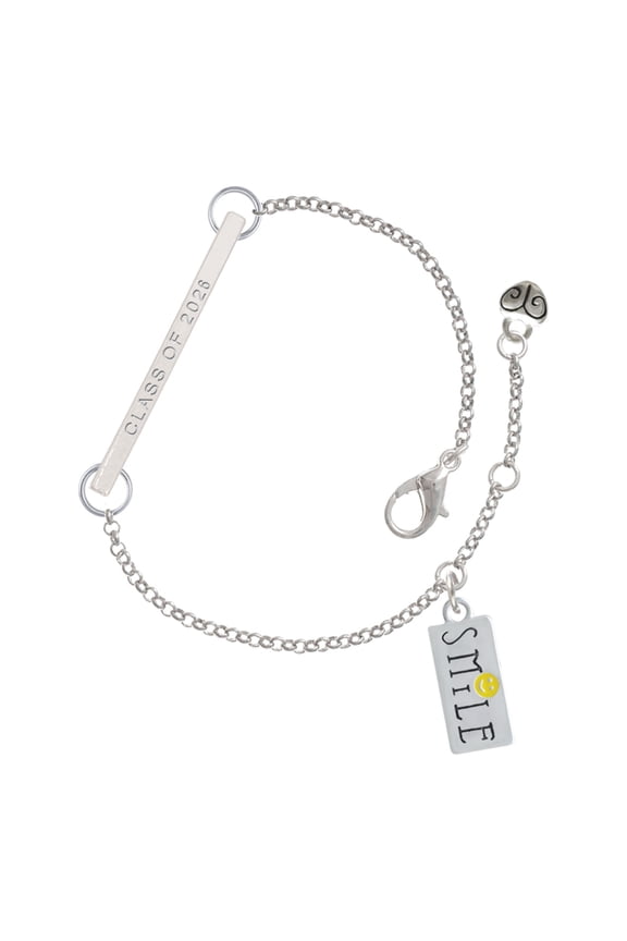 Silver-tone Smile with Smiley Face Rectangle - Silvertone Class of 2026 Delicate Bar Bracelet, 8.5"