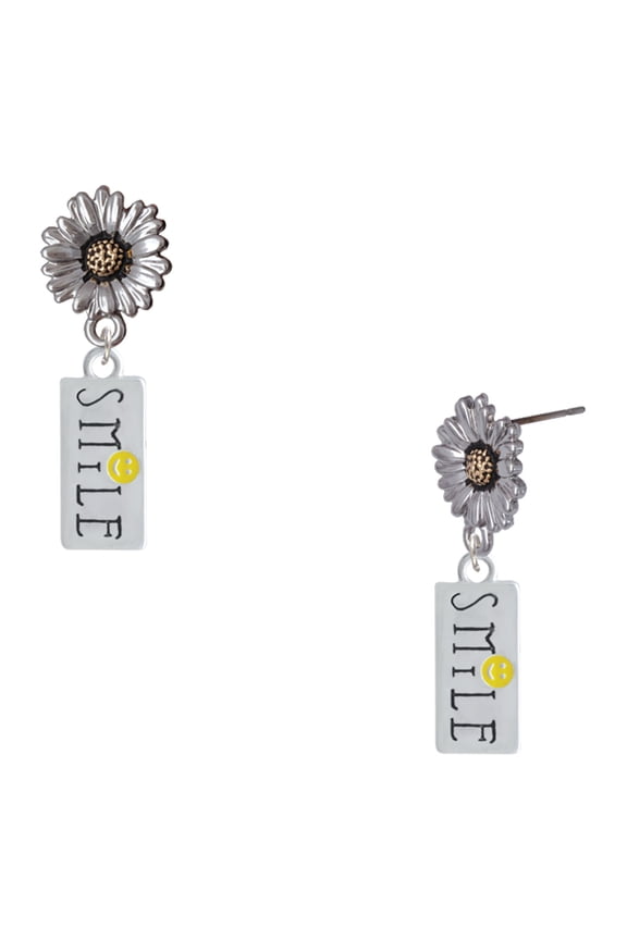 Silver-tone Smile with Smiley Face Rectangle - Two-tone Daisy Flower Post Earrings