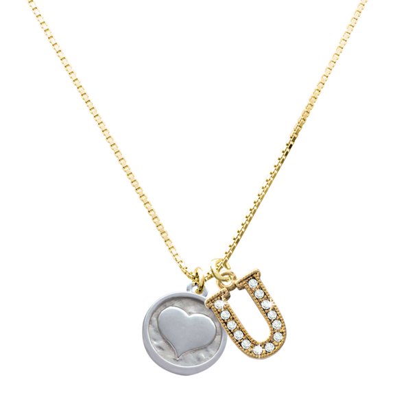 Delight Jewelry Silver-tone Smooth Heart - Round Seal - Large Goldtone Crystal Initial - U - Charm Necklace, 17.5"+2"