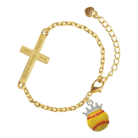 Delight Jewelry Silver-tone Softball optic yellow - Crown - Gold Tone Proverbs 31:25 She is Clothed with Strength and Dignity Engraved Cross Charm Bracelet, 6.5+1.5" Extender