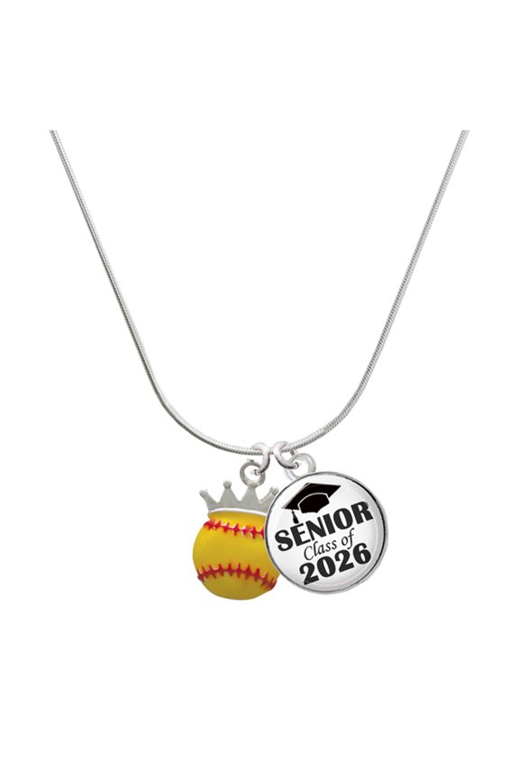 Silver-tone Softball optic yellow - Crown - Silvertone Senior Class of 2026 Dome Necklace, 18"
