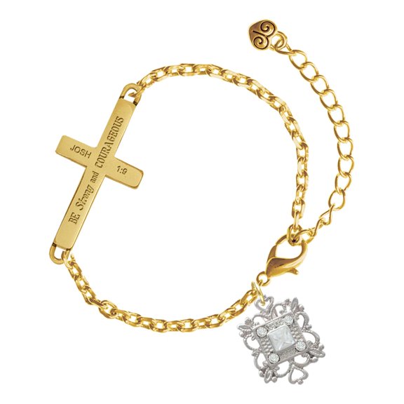 Delight Jewelry Silver-tone Square AB Crystal with Filigree - Gold Tone Joshua 1:9 Strong and Courageous Engraved Cross Charm Bracelet, 6.5+1.5" Extender