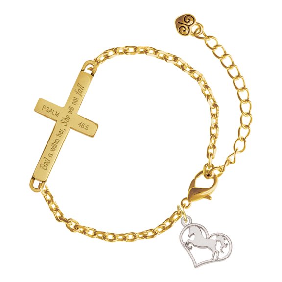 Delight Jewelry Silver-tone Stallion Silhouette Heart - Gold Tone Psalm 46:5 She will not fall Engraved Cross Charm Bracelet, 6.5+1.5" Extender
