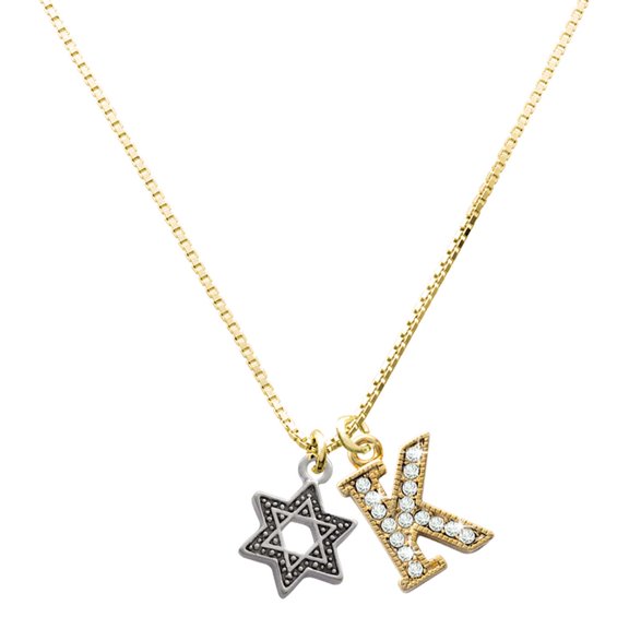 Delight Jewelry Silver-tone Star of David with Beaded Border - Large Goldtone Crystal Initial - K - Charm Necklace, 17.5"+2"