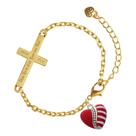 Delight Jewelry Silver-tone Striped Red Enamel Heart with Beaded Decoration - Gold Tone Proverbs 31:31 Praise Her for all Her Hands have Done Engraved Cross Charm Bracelet, 6.5+1.5" Extender