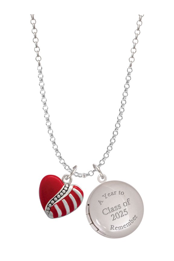 Silver-tone Striped Red Enamel Heart with Beaded Decoration - Class of 2025 Year to Remember Locket Charm Necklace, 19+2" Extender