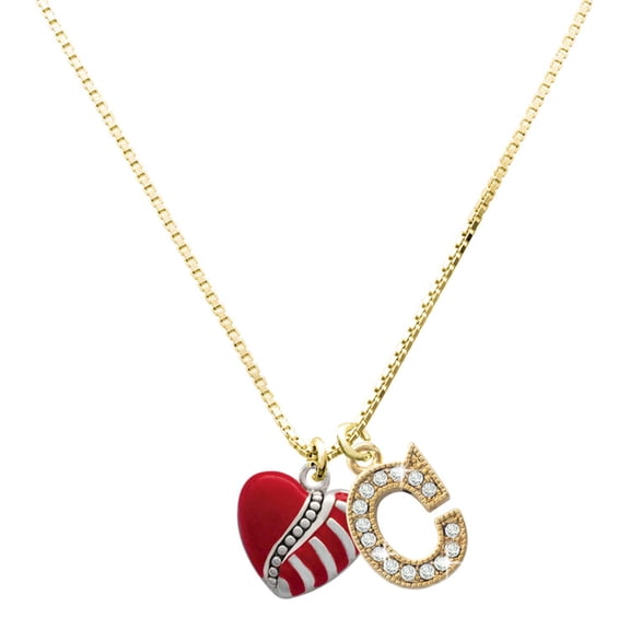 Delight Jewelry Silver-tone Striped Red Enamel Heart with Beaded Decoration with a Large Goldtone Crystal Initial - C - Charm Necklace, 17.5"+2"