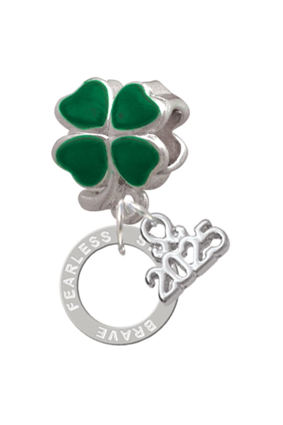 Silver-tone Strong Brave Fearless Infinity Ring - Good Luck Green Four Leaf Clover Charm Bead Dangle with Mini 2025