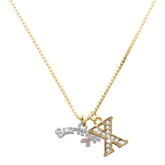 Delight Jewelry Silver-tone Survivor with Pink Ribbon - Large Goldtone Crystal Initial - X - Charm Necklace, 17.5"+2"
