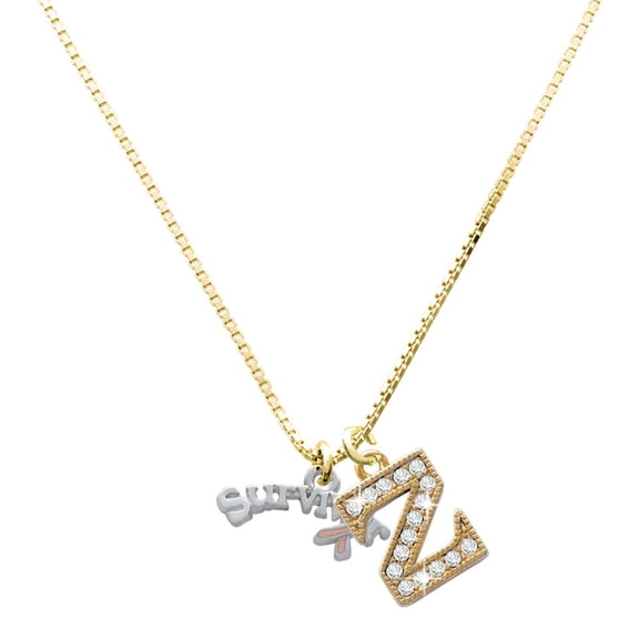 Delight Jewelry Silver-tone Survivor with Pink Ribbon - Large Goldtone Crystal Initial - Z - Charm Necklace, 17.5"+2"