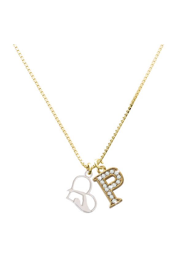 Silver-tone Swimmer in Heart - Large Goldtone Crystal Initial - P - Charm Necklace, 17.5"+2"