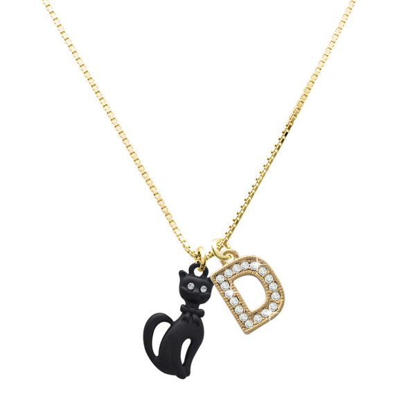 Delight Jewelry Silver-tone Tall Sitting Matte Black Cat - Large Goldtone Crystal Initial - D - Charm Necklace, 17.5"+2"