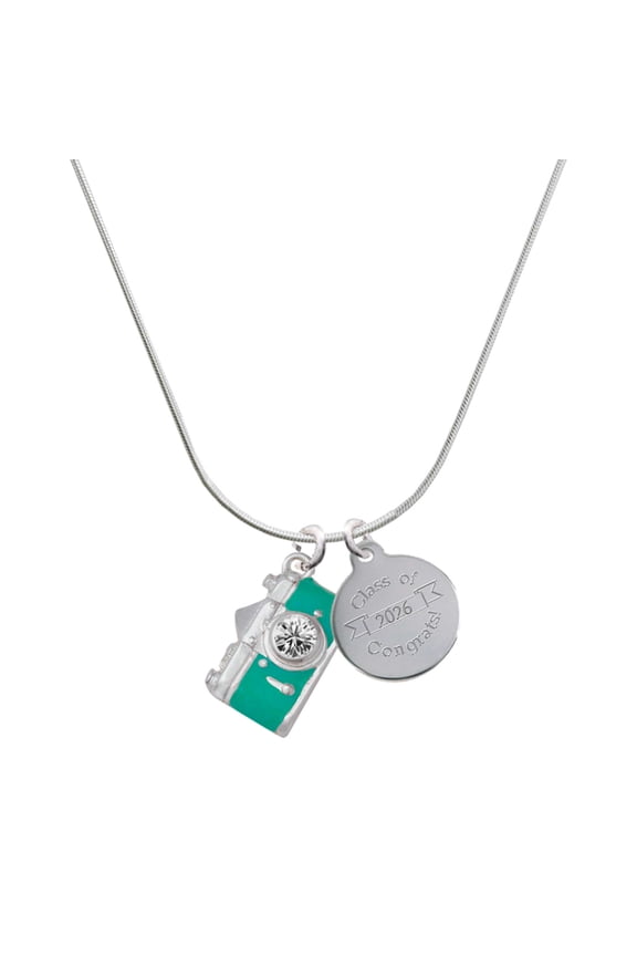 Silver-tone Teal Camera - Engraved Congrats Class of 2026 Charm Necklace, 18"