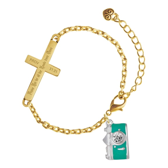 Delight Jewelry Silver-tone Teal Camera - Gold Tone Proverbs 31:31 Praise Her for all Her Hands have Done Engraved Cross Charm Bracelet, 6.5+1.5" Extender