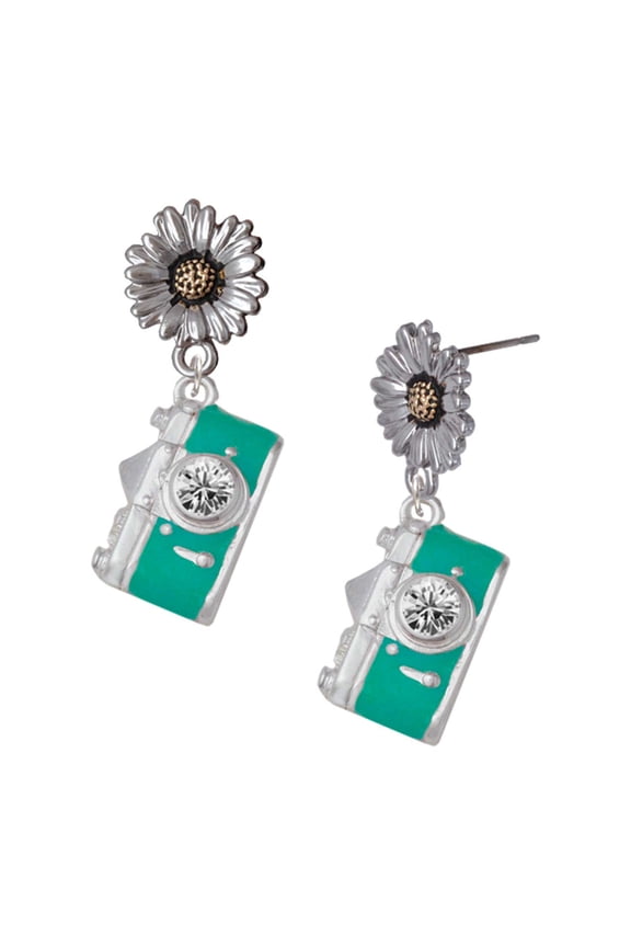 Silver-tone Teal Camera - Two-tone Daisy Flower Post Earrings