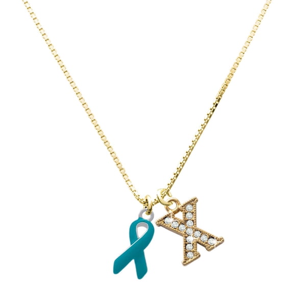 Delight Jewelry Silver-tone Teal Ribbon - Large Goldtone Crystal Initial - X - Charm Necklace, 17.5"+2"