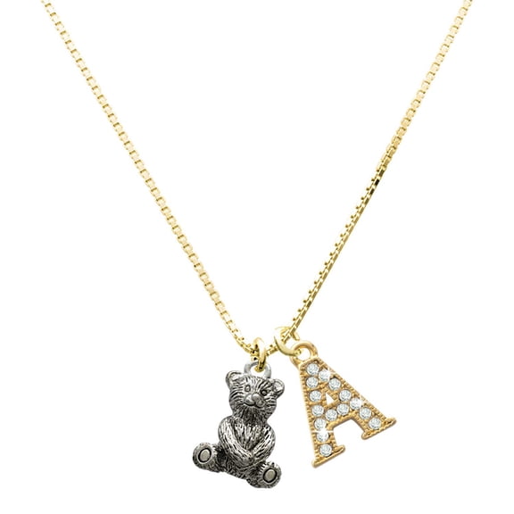 Delight Jewelry Silver-tone Teddy Bear - Large Goldtone Crystal Initial - A - Charm Necklace, 17.5"+2"