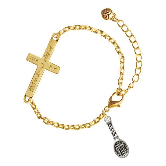 Delight Jewelry Silver-tone Tennis Racquet - Gold Tone Proverbs 31:25 She is Clothed with Strength and Dignity Engraved Cross Charm Bracelet, 6.5+1.5" Extender
